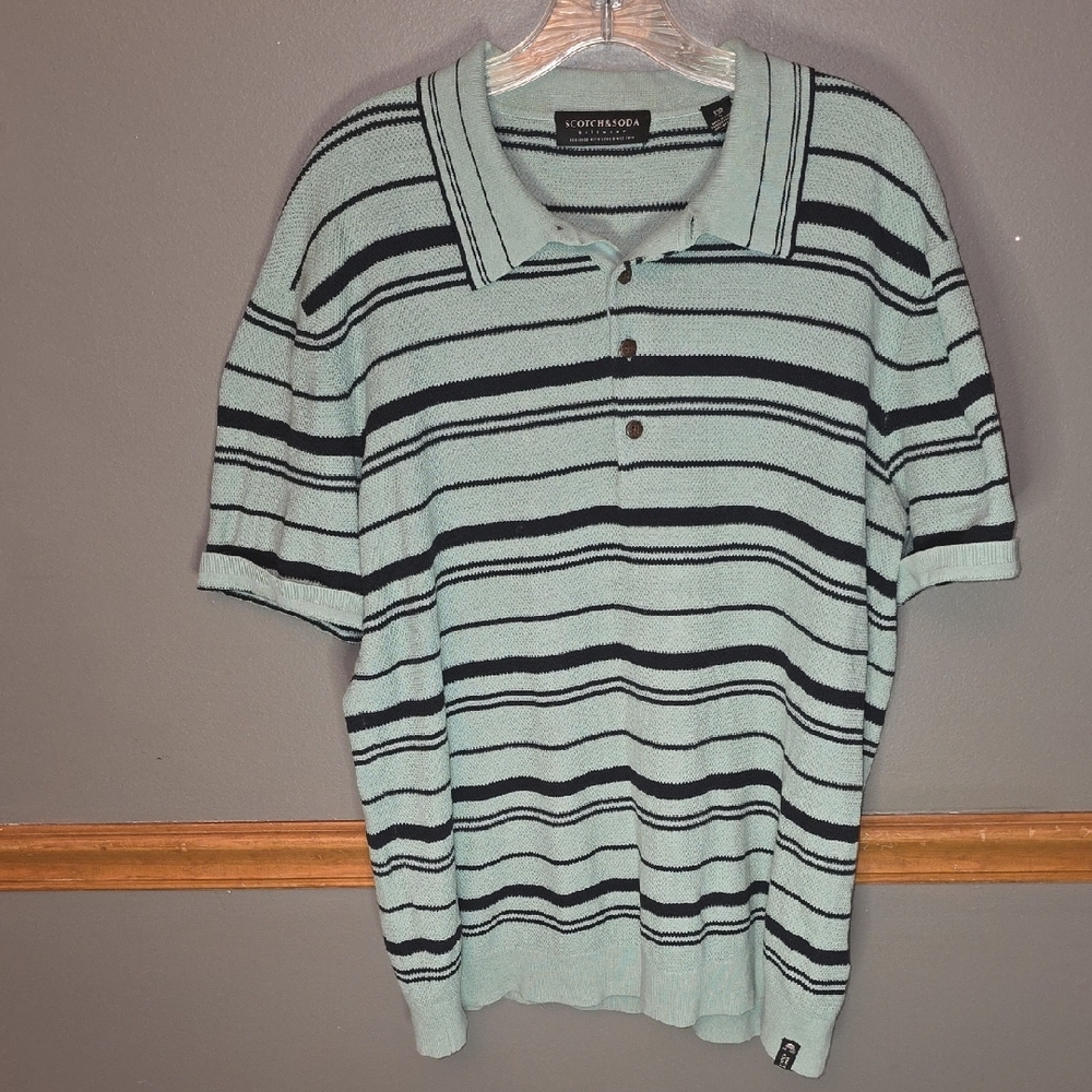 Scotch & Soda Mint and Black Striped Knit Polo Shirt